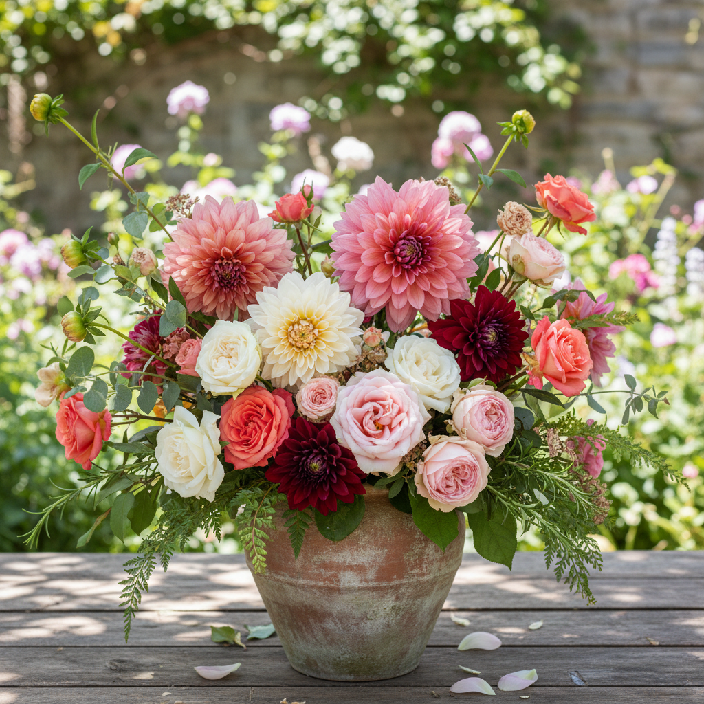 Garden-fresh mixed floral centerpiece with dahlias, roses and greenery in a clay vase