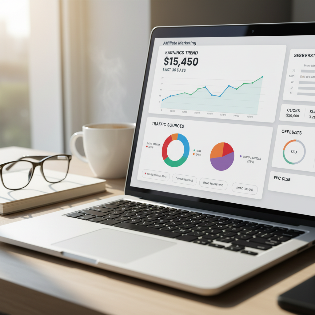 Affiliate marketing income dashboard on bright laptop screen with passive income charts