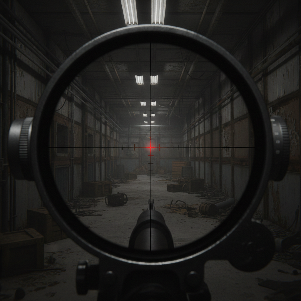 First-person shooter perspective, dark industrial corridor, tactical lighting, intense shadows, military environment