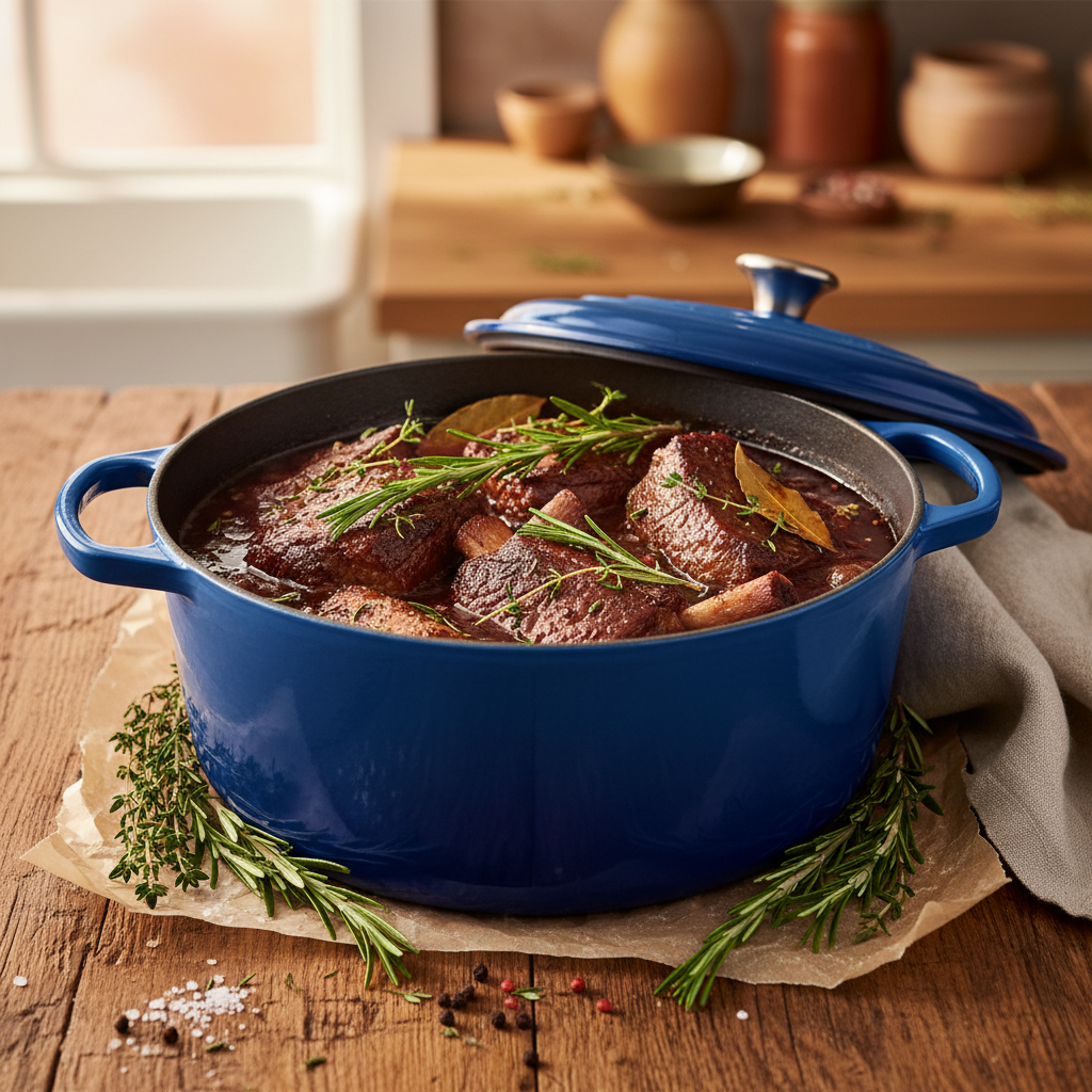 Short ribs slow-braising in a Dutch oven with herbs