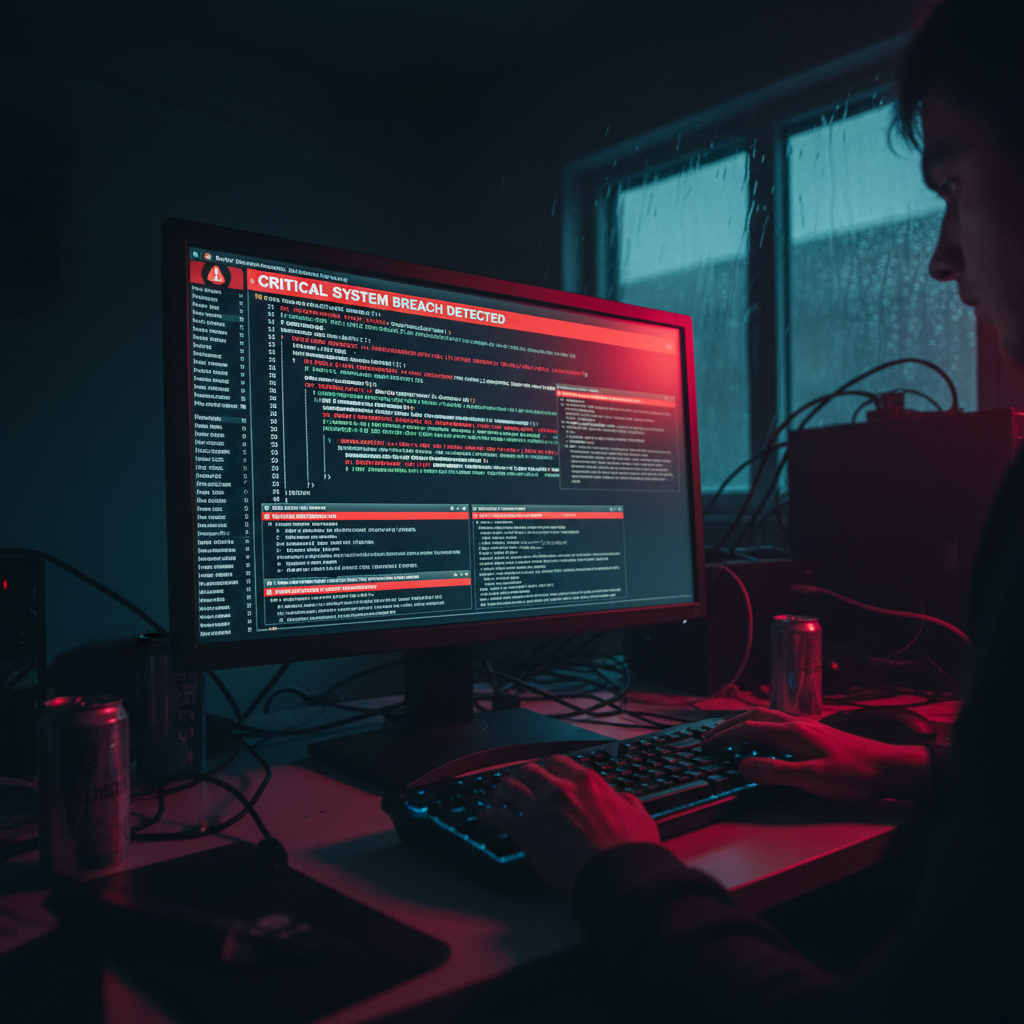 Cybersecurity monitoring screen with network maps, threat indicators and dark interface with red alert highlights