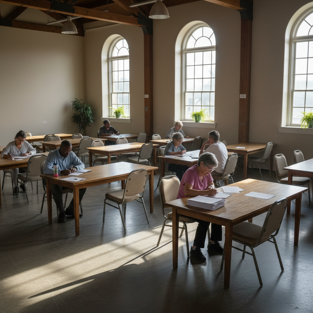 Before: Fairhill Community Center interior — empty tables, no computers, residents sitting with paper forms