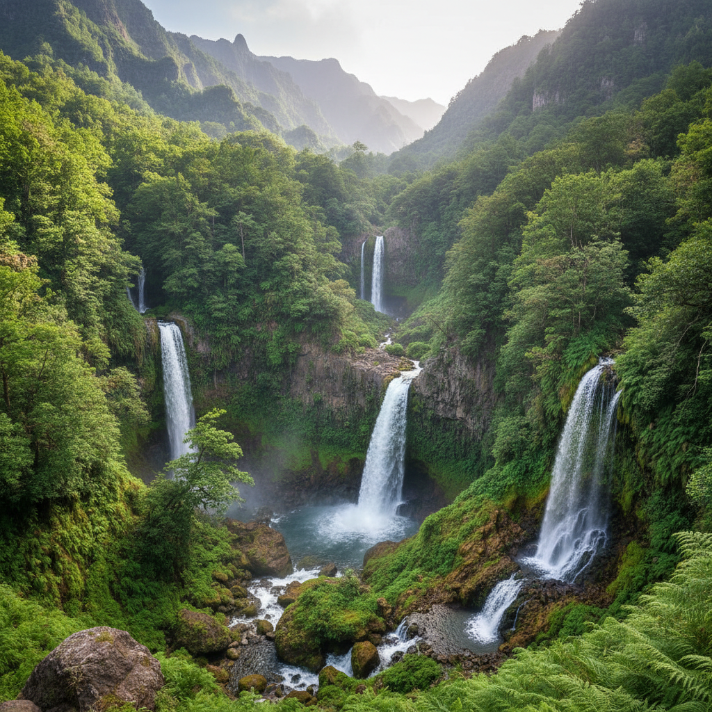 La Palma weelderig groen vulkanisch landschap met mistige bergen en tropische vegetatie