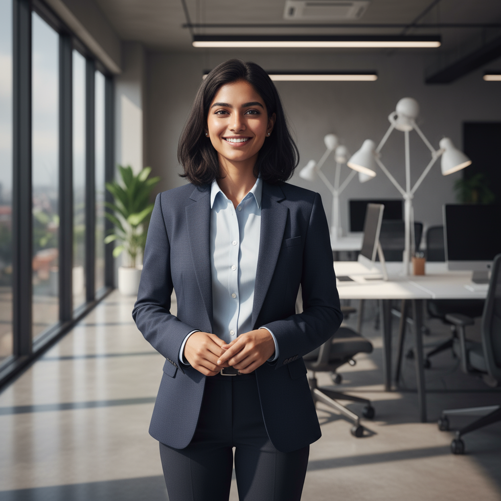 Young Indian woman with shoulder-length hair in casual attire smiling while working on laptop in bright office