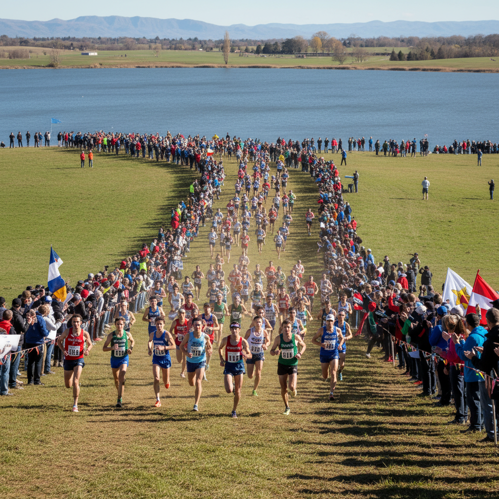 Championship cross country course with lake backdrop and hundreds of spectators cheering