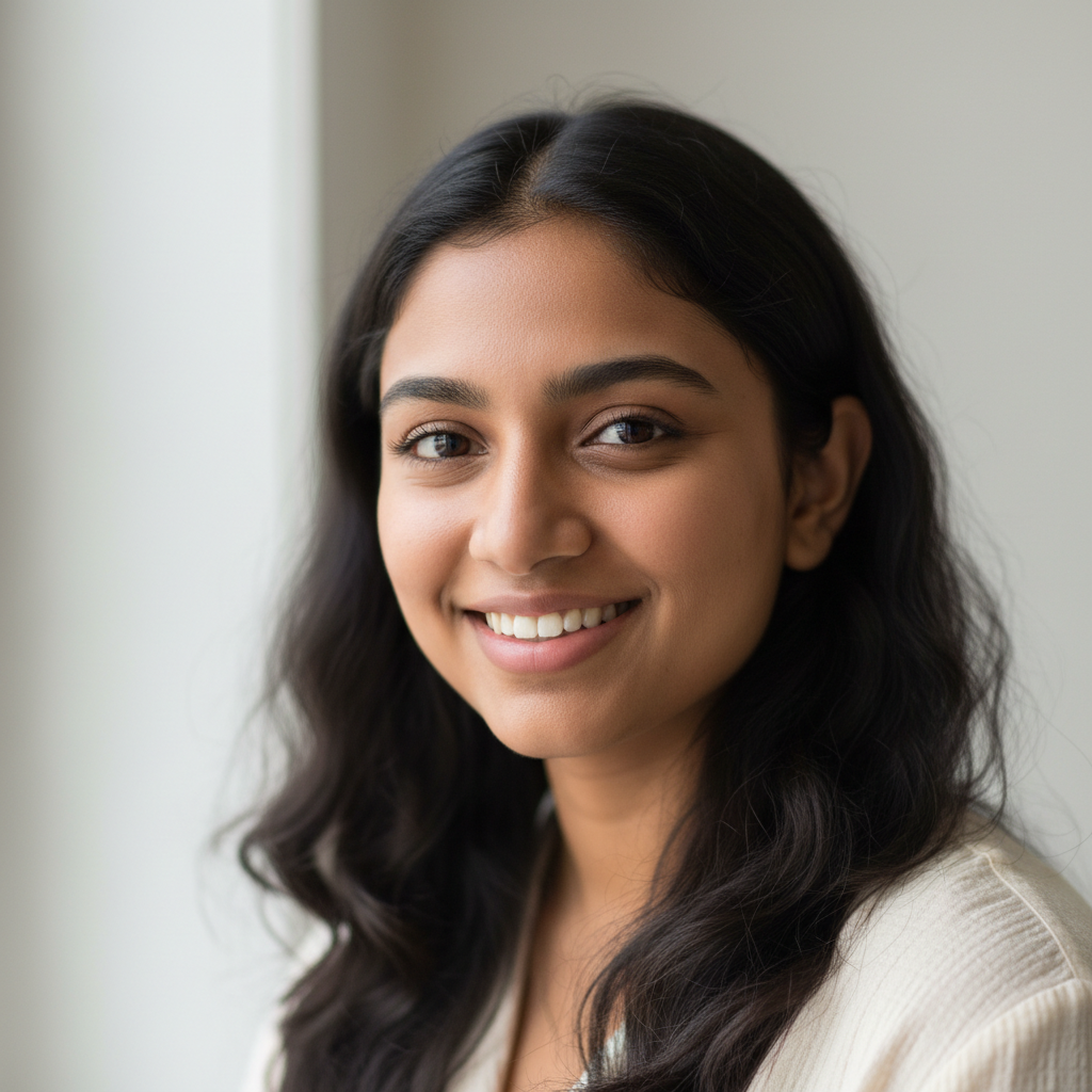 South Asian woman smiling, professional photo