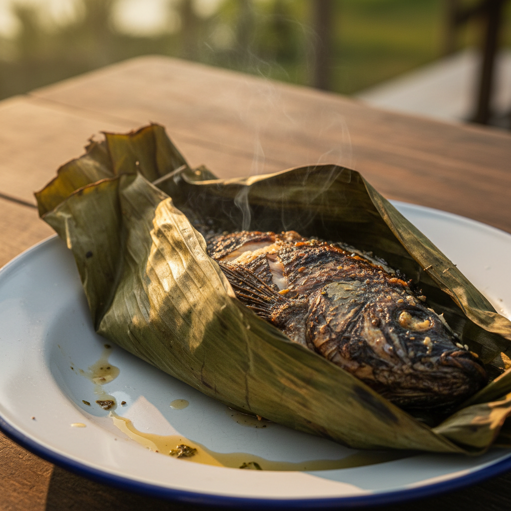 Grilled tilapia wrapped in banana leaf still crackling on an enamel plate