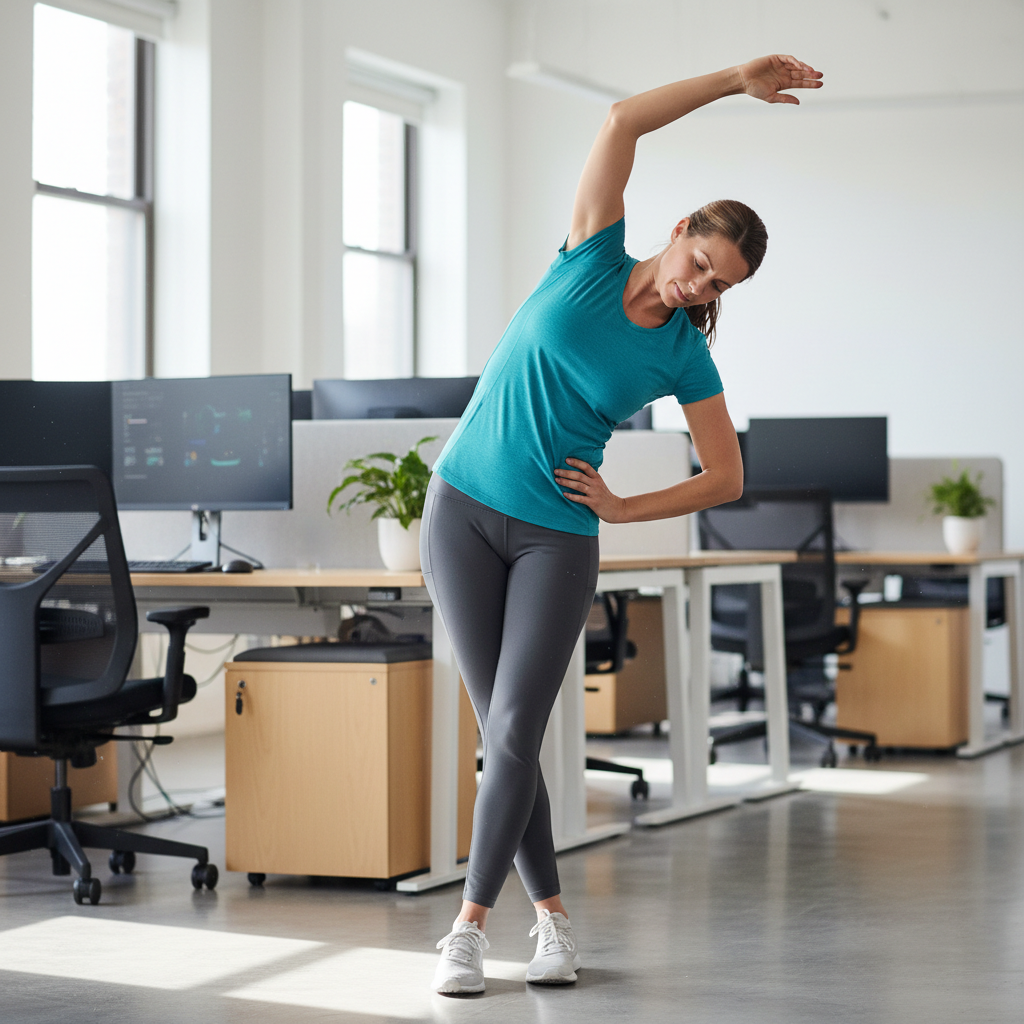 Office worker doing desk stretches in modern corporate office