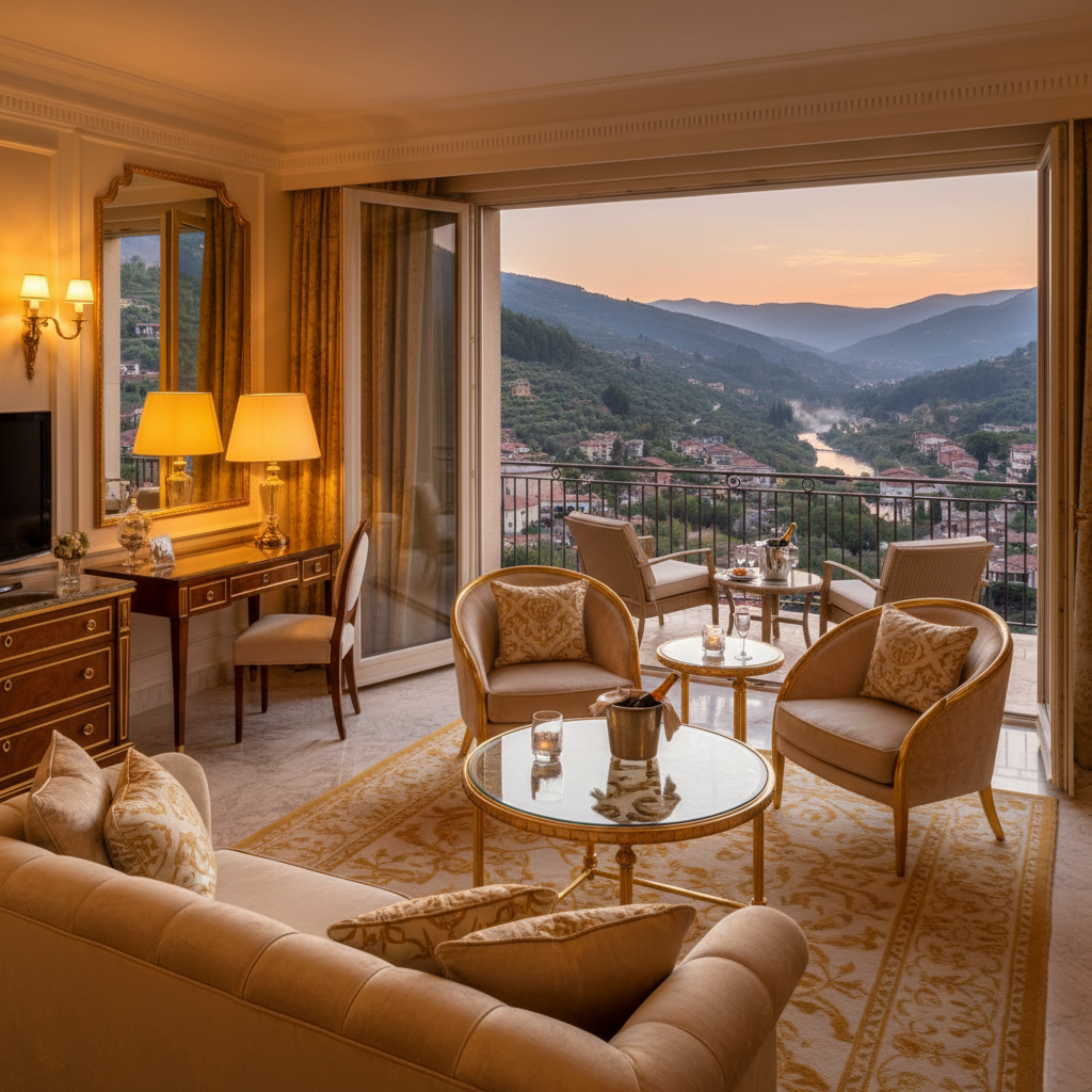 Deluxe hotel room with private balcony, panoramic view of spa town valley, plush seating, gold accent decor, evening ambient light