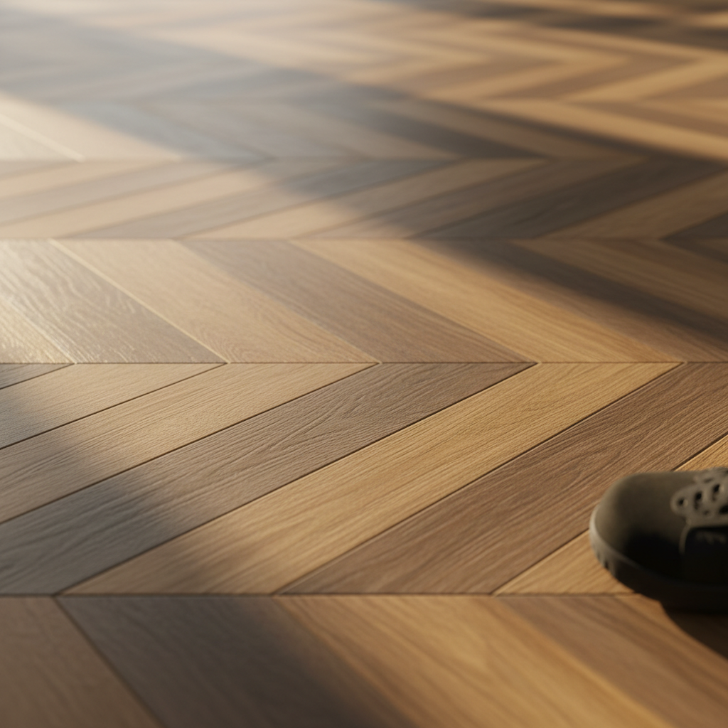 Low-angle view across freshly laid herringbone vinyl flooring with afternoon light raking across the grain and joins, a fitter's knee pad visible in soft focus at the edge