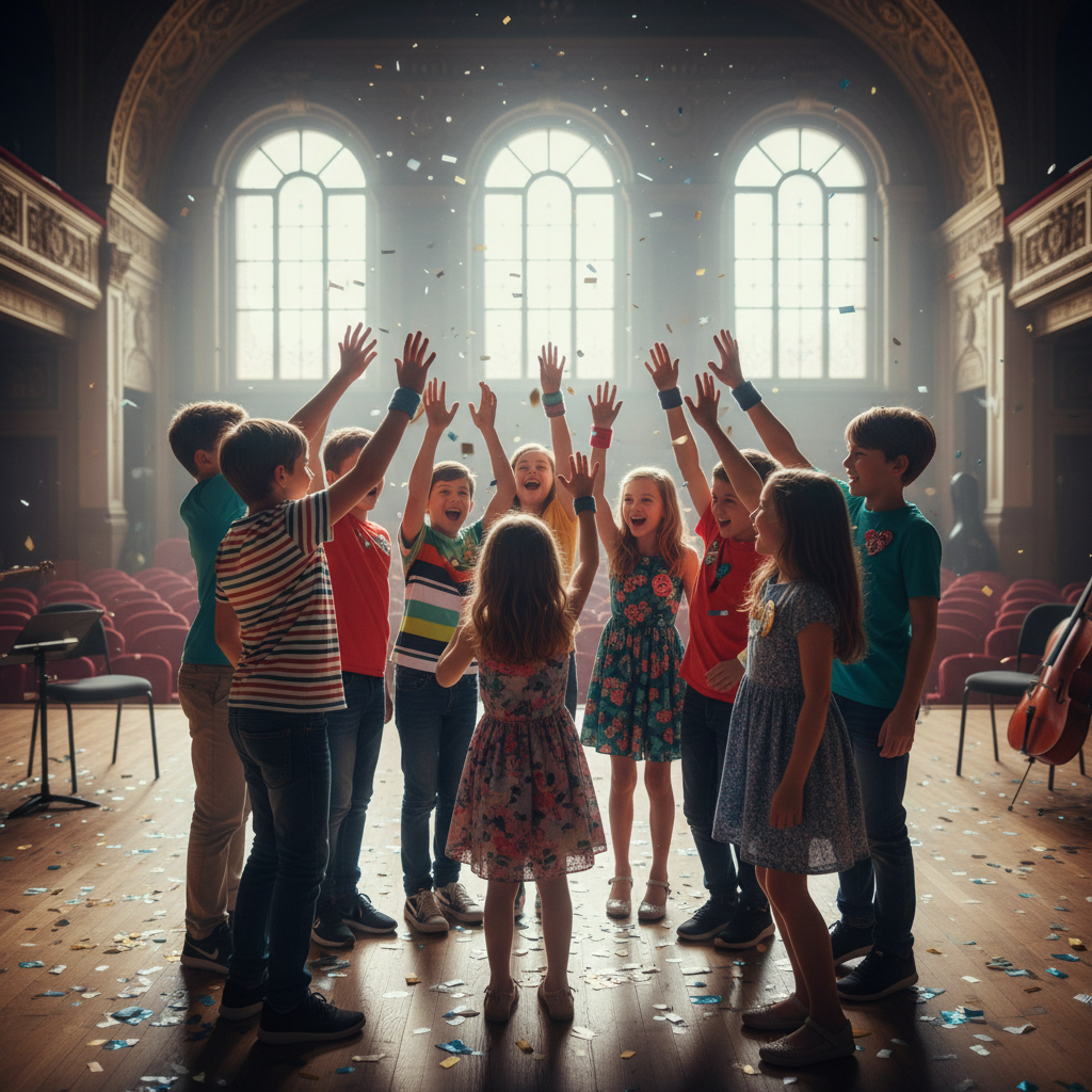 Group of young students celebrating after a successful recital performance, high-fiving