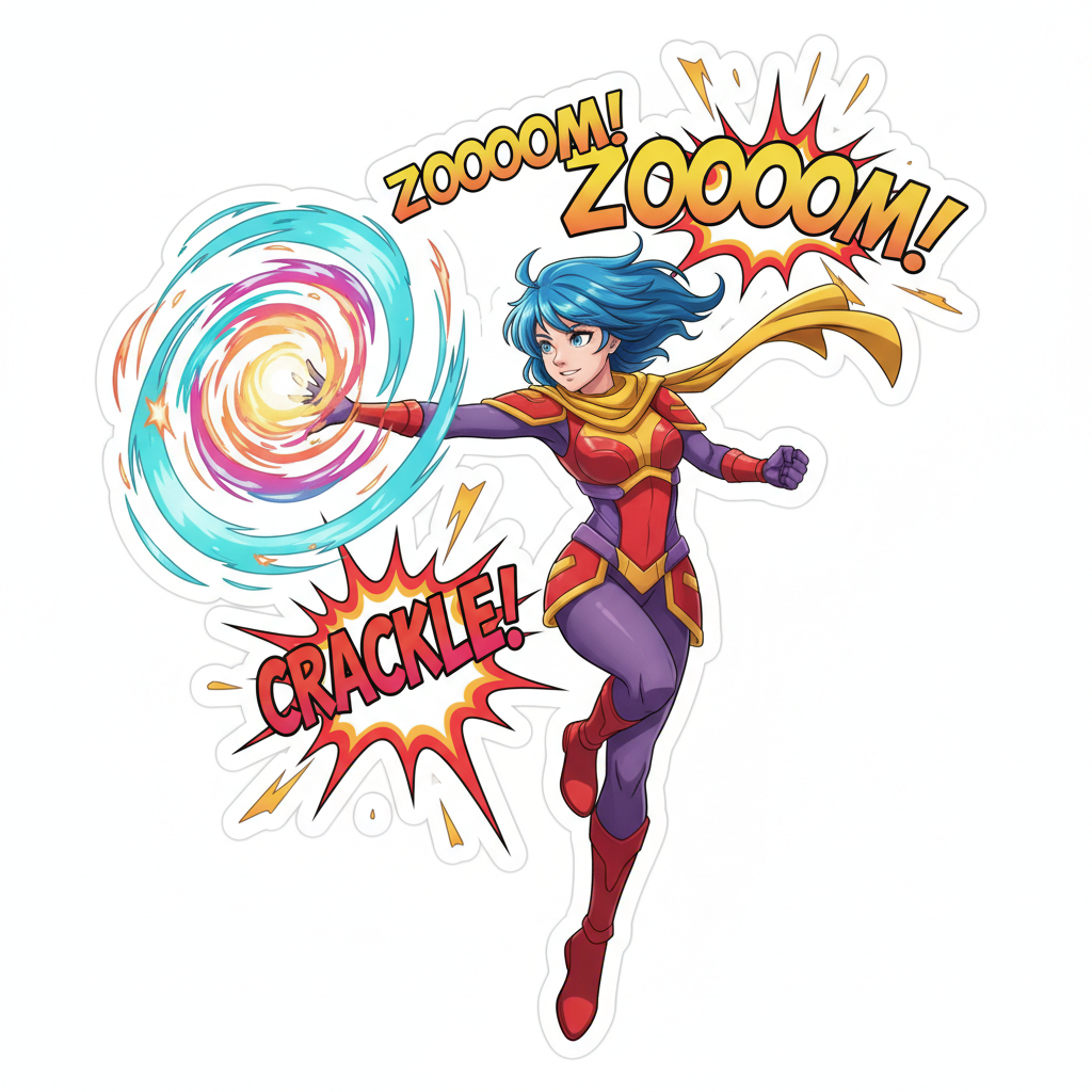 Anime-style colorful artwork with bright neon colors and dynamic action pose in vibrant setting