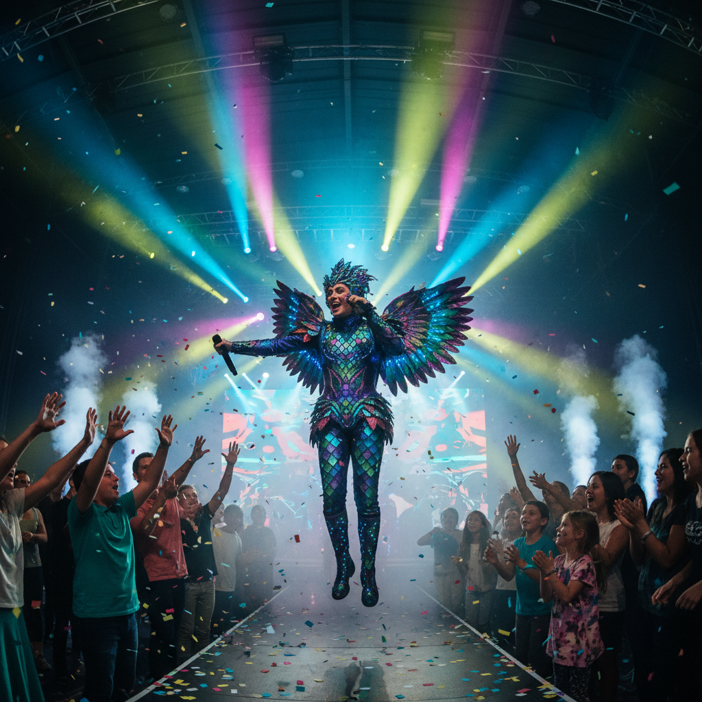 Event animator performing live character entertainment at celebration with audience