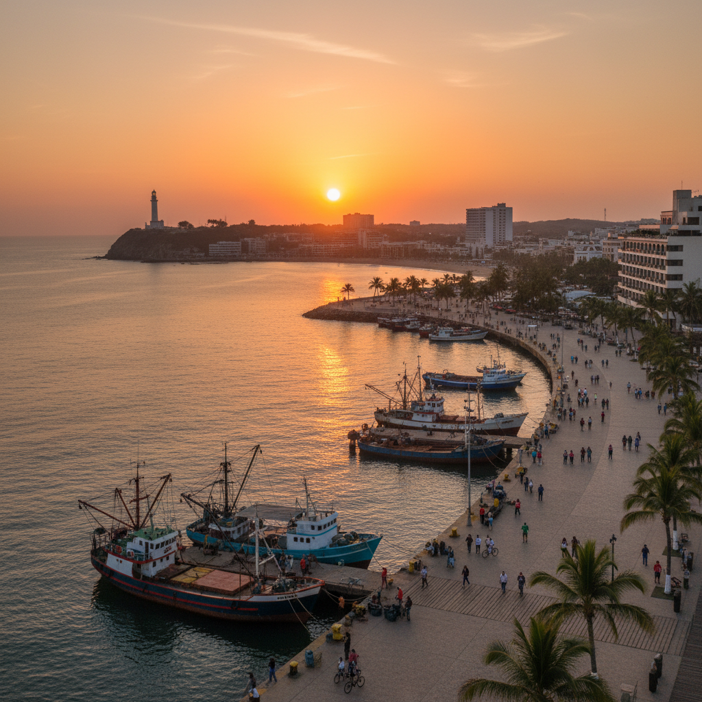 Vista panorámica del malecón y puerto marítimo de Mazatlán Sinaloa al atardecer