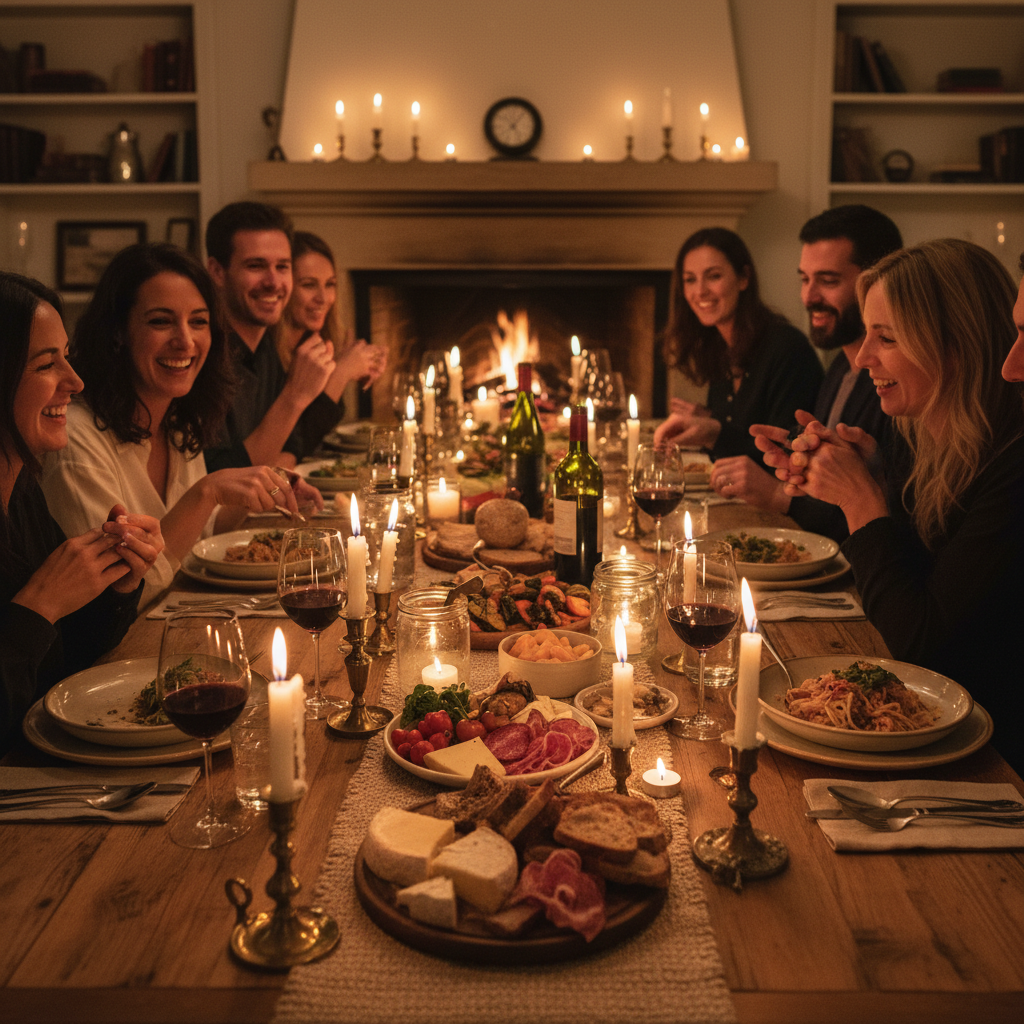 Warm candlelit dinner table with guests sharing plates and glasses of red wine
