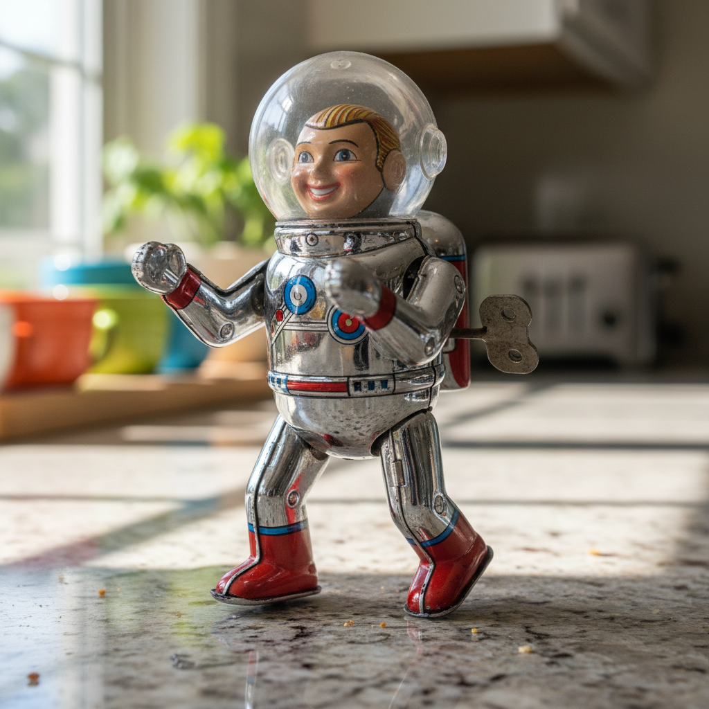 Retro tin wind-up spaceman toy on kitchen counter with chrome paint gleaming