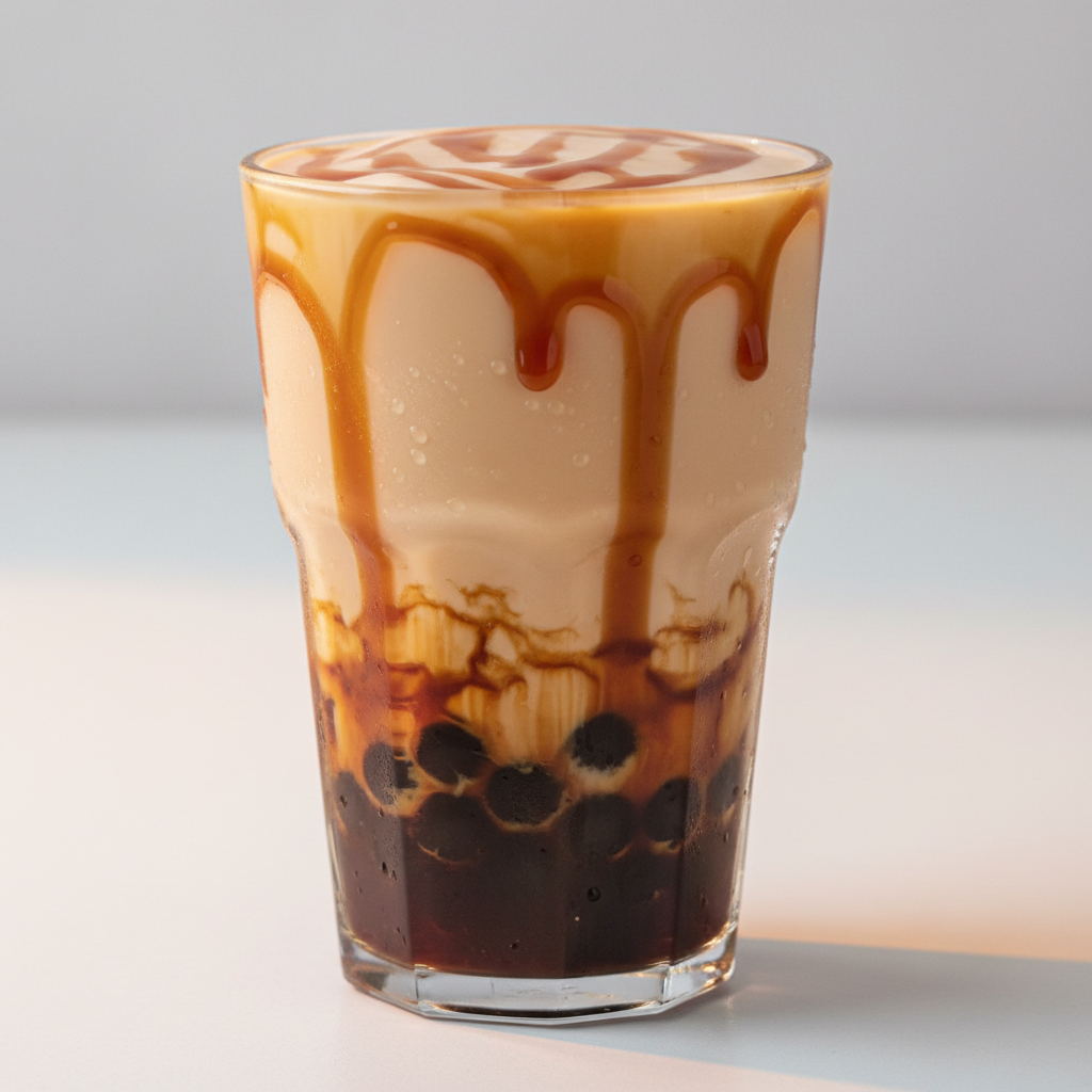 Brown Sugar Milk Tea with caramel-colored boba pearls and tiger stripe brown sugar swirl