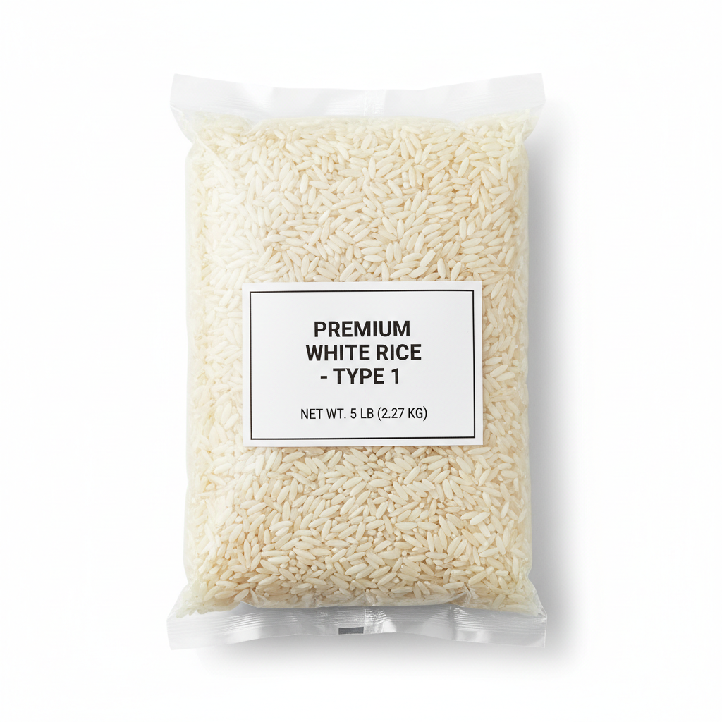 Premium rice in transparent flexible packaging showing product quality with attractive printed design