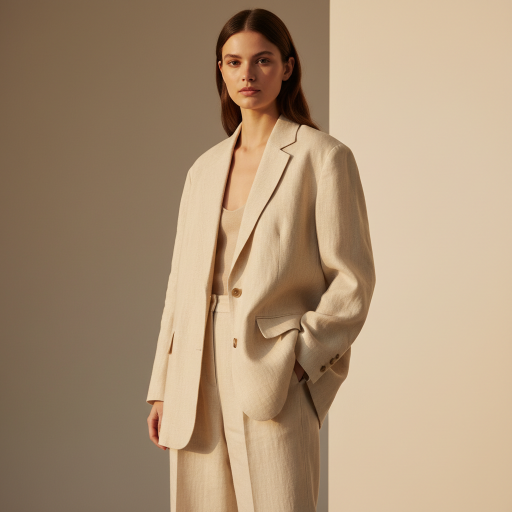 Oversized linen blazer in ecru on model, bright minimalist studio, natural light