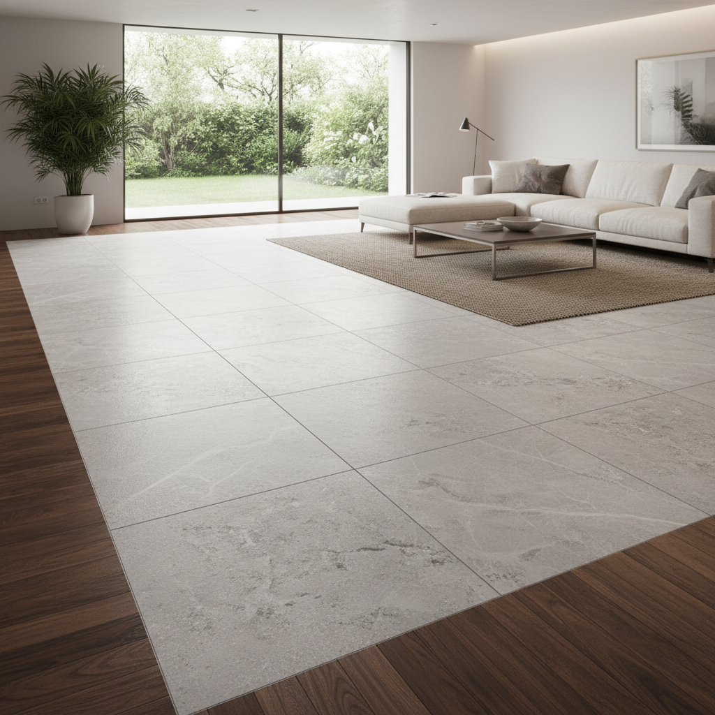 Large-format porcelain floor tile installation in a bright modern Scottsdale home
