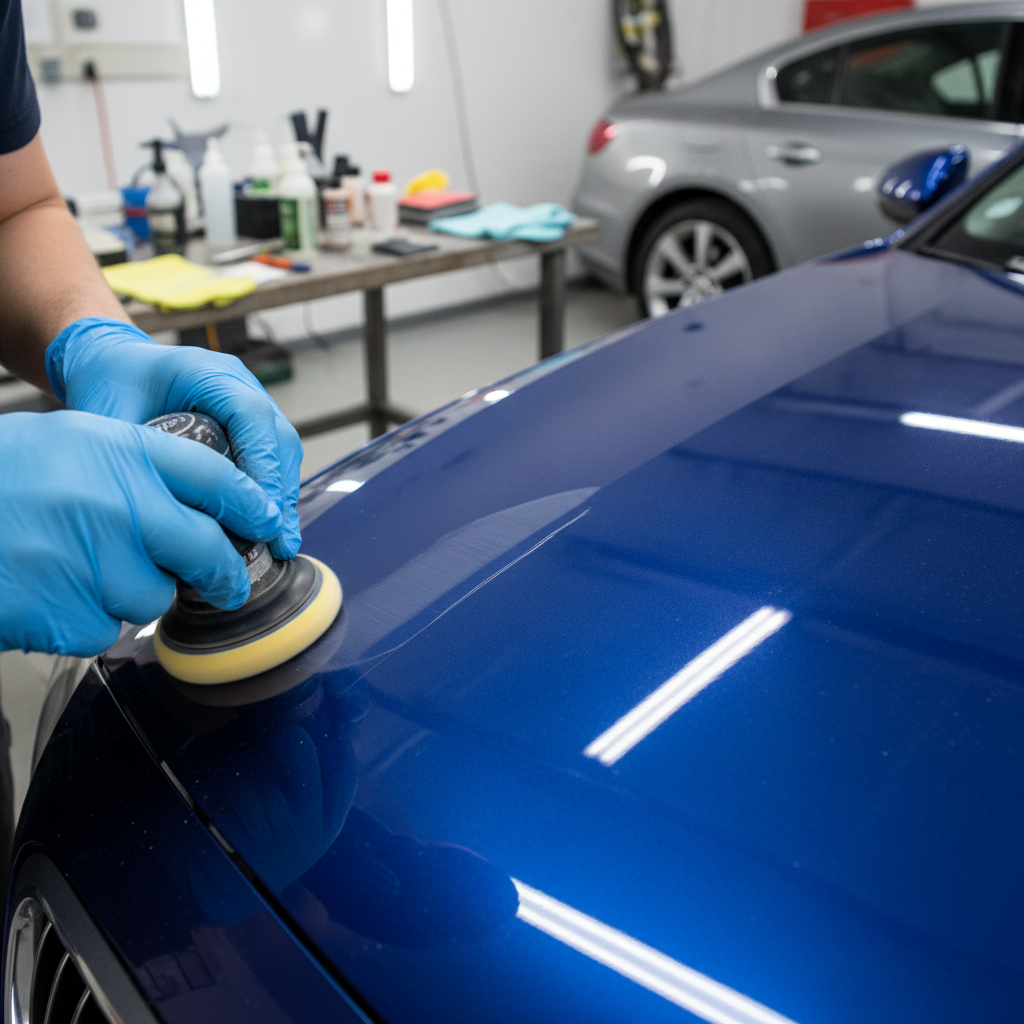 Detailer polishing red sports car hood with orbital buffer