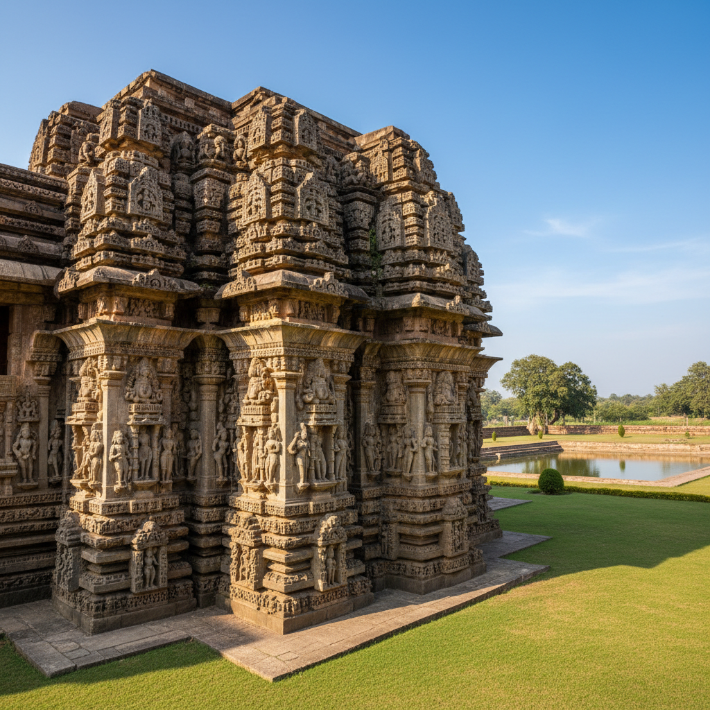 Ancient ornate stone temple with intricate Hoysala carvings, warm golden morning light on stone facade