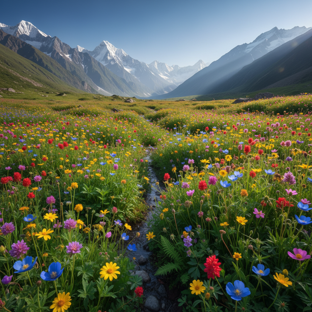 Betaab Valley green meadow with crystal clear stream and Himalayan peaks