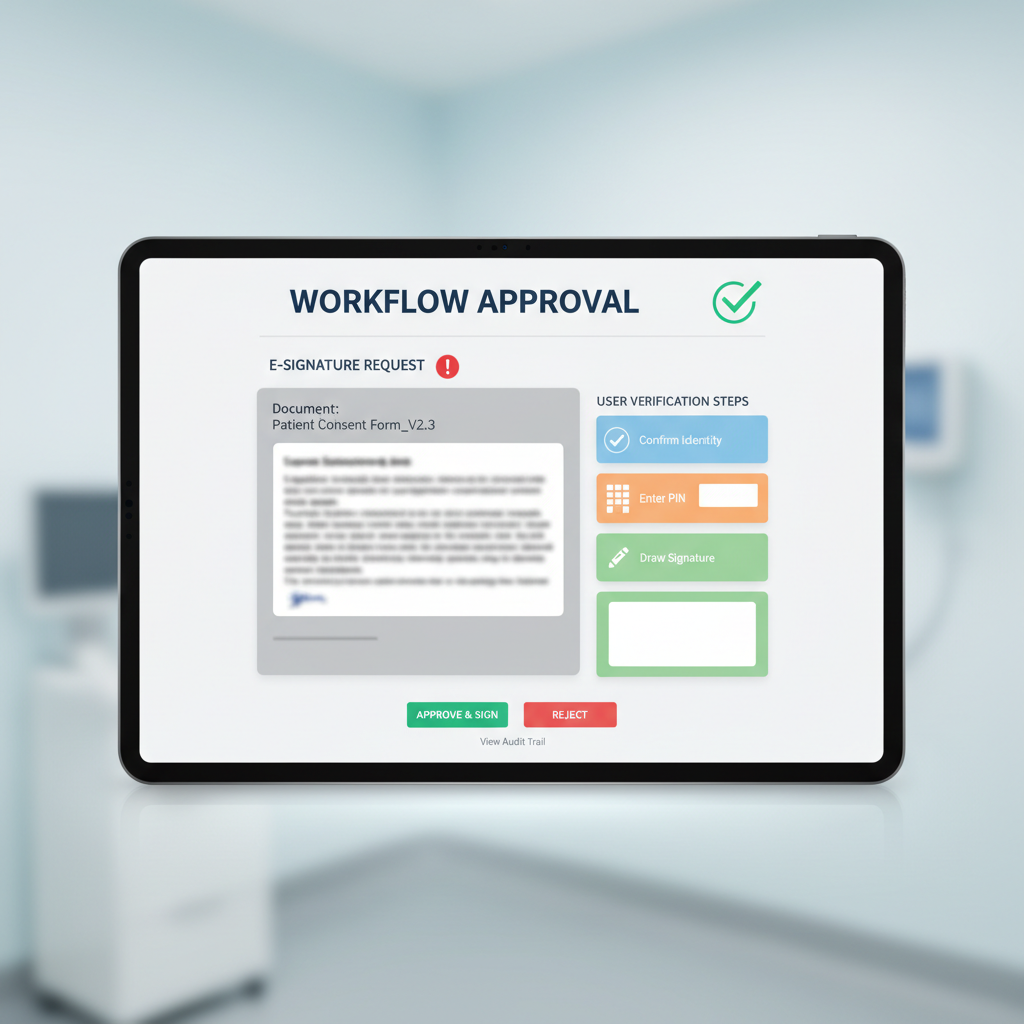 E-signature workflow showing document with signature fields and approval chain status indicators