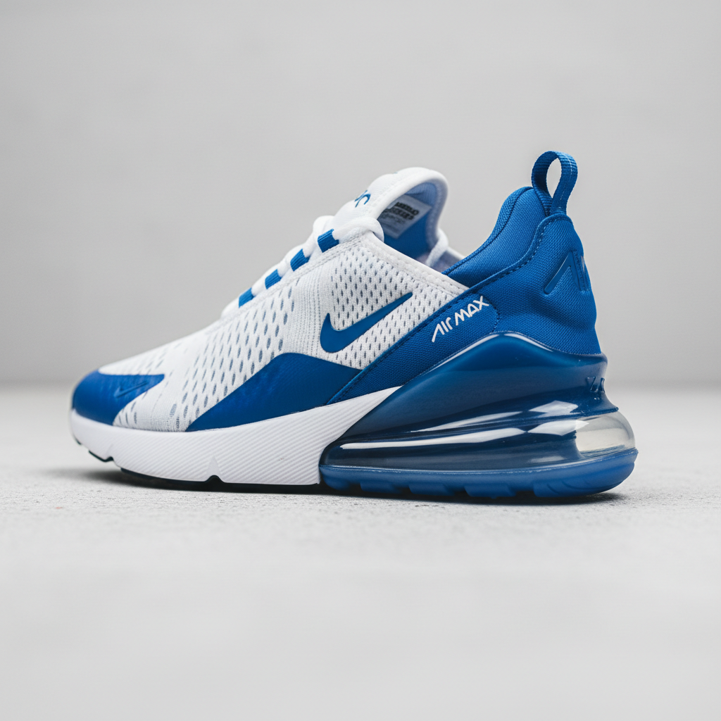 Nike Air Max 270 running shoes in white and blue