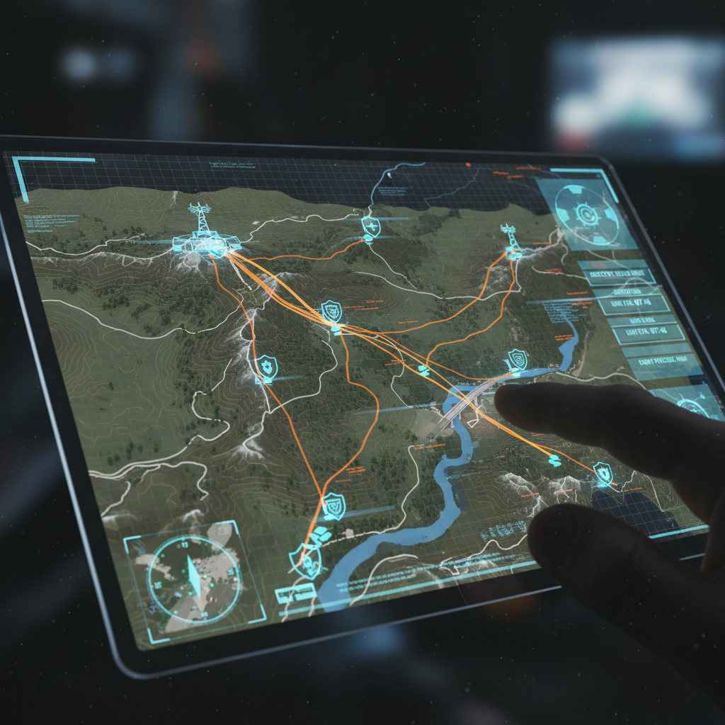 Strategy map with tactical markers and bright overhead lighting, clean and focused environment