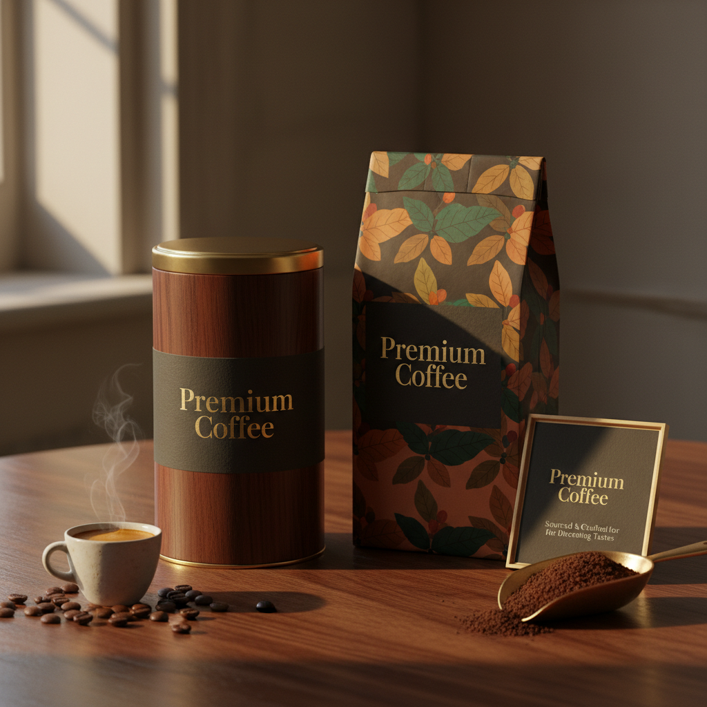 Coffee brand identity on dark wooden surface, warm lighting, premium packaging design