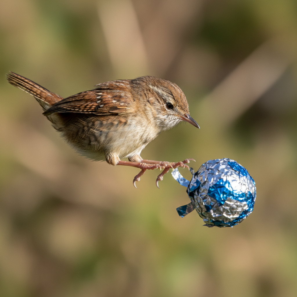 Wren mid-pounce on a crinkle ball toy, all four paws airborne