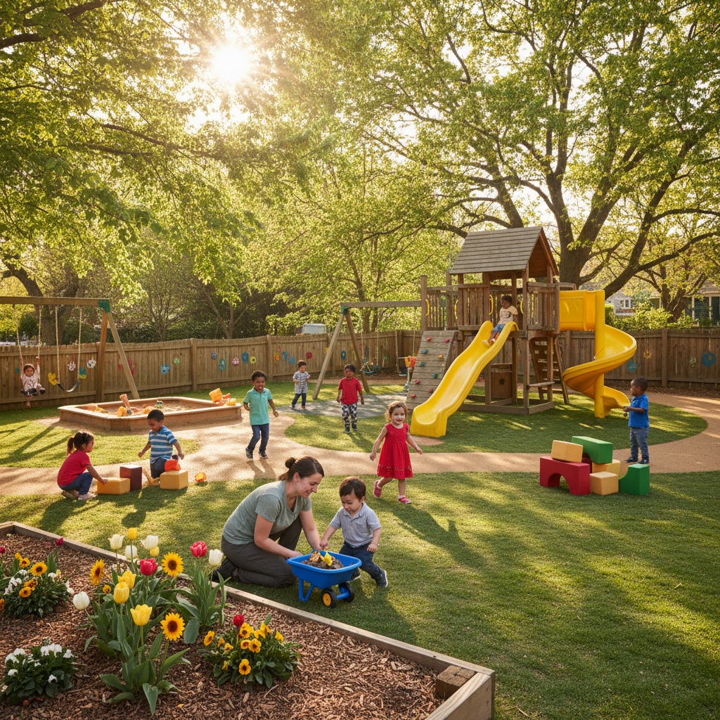 Children playing outdoors on playground equipment in sunlight