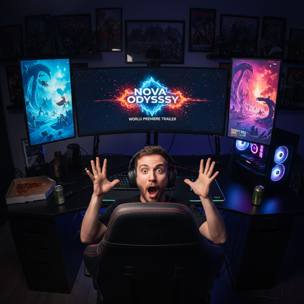 Gamer reacting to game trailer reveal with hands raised in shock, multiple monitors and gaming setup visible