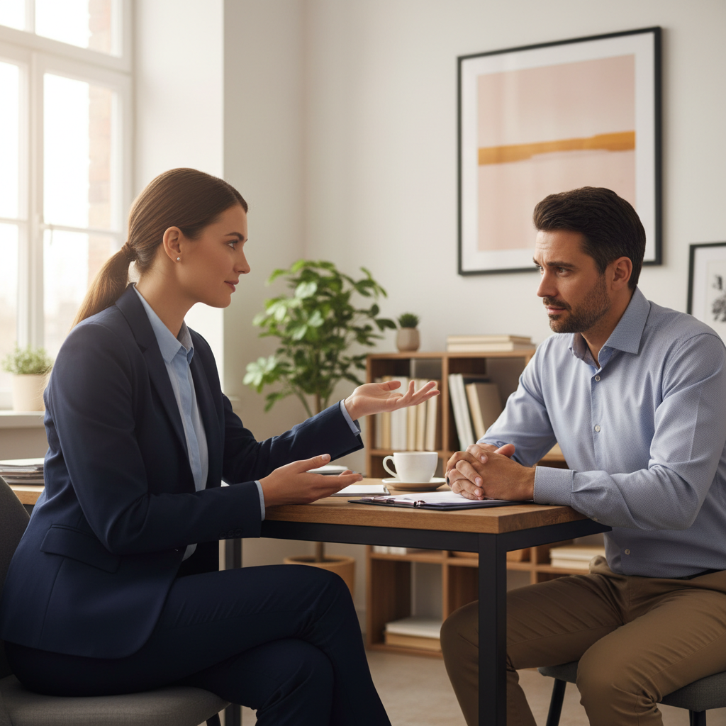 Business recovery consultant having calm and supportive conversation with business owner in private office setting