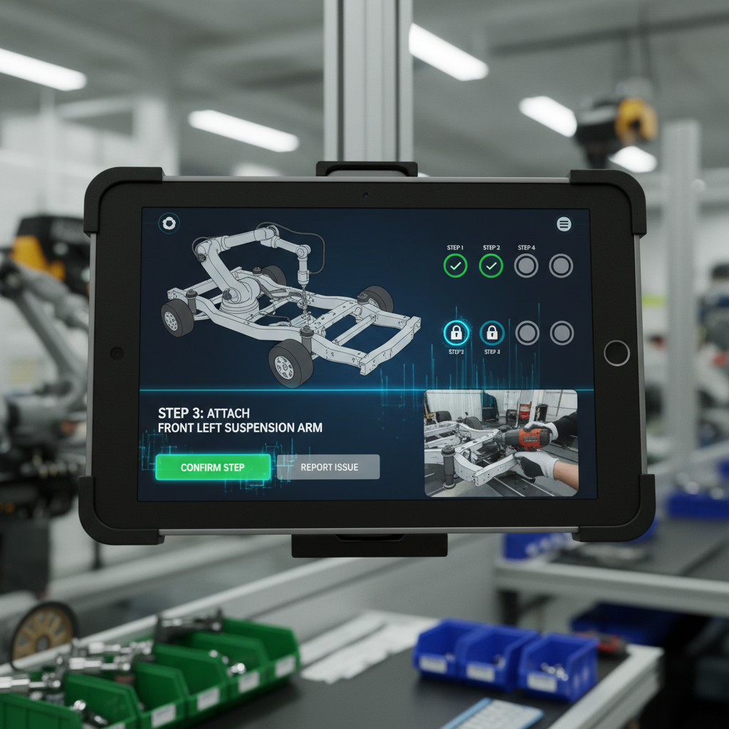 Digital work instructions system showing operator guidance screen with step verification on assembly line