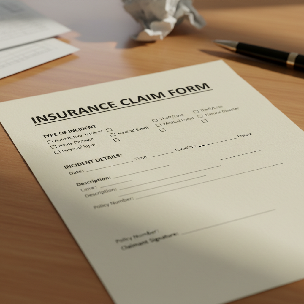 Person filling out an insurance claim form at a desk with documents