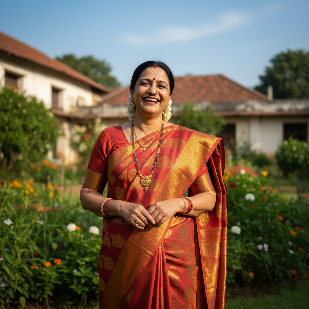 South Indian woman with long hair smiling in garden setting