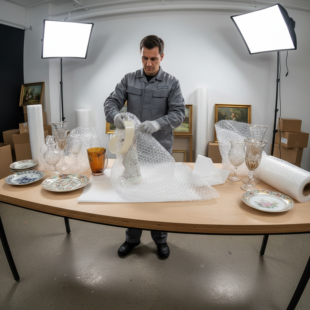 Professional packing team wrapping household items in bubble wrap, organized packing process