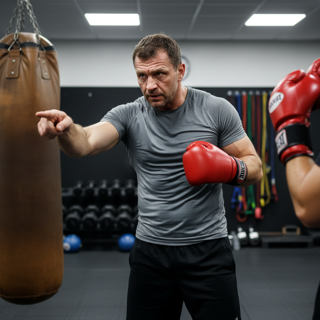 Male boxing coach with red gloves, bright gym with punching bags in background