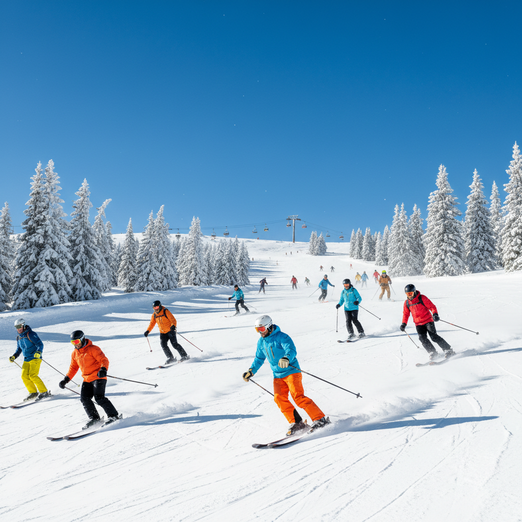 Bulgarian ski resort snowy mountain slopes, pine trees, clear blue winter sky