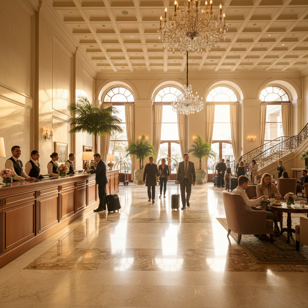 Grand hotel lobby with marble floors and golden lighting during morning rush
