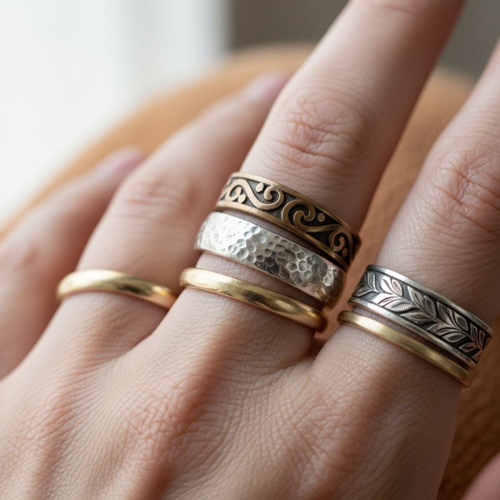 Five stacked rings on fingers, assorted metals and styles