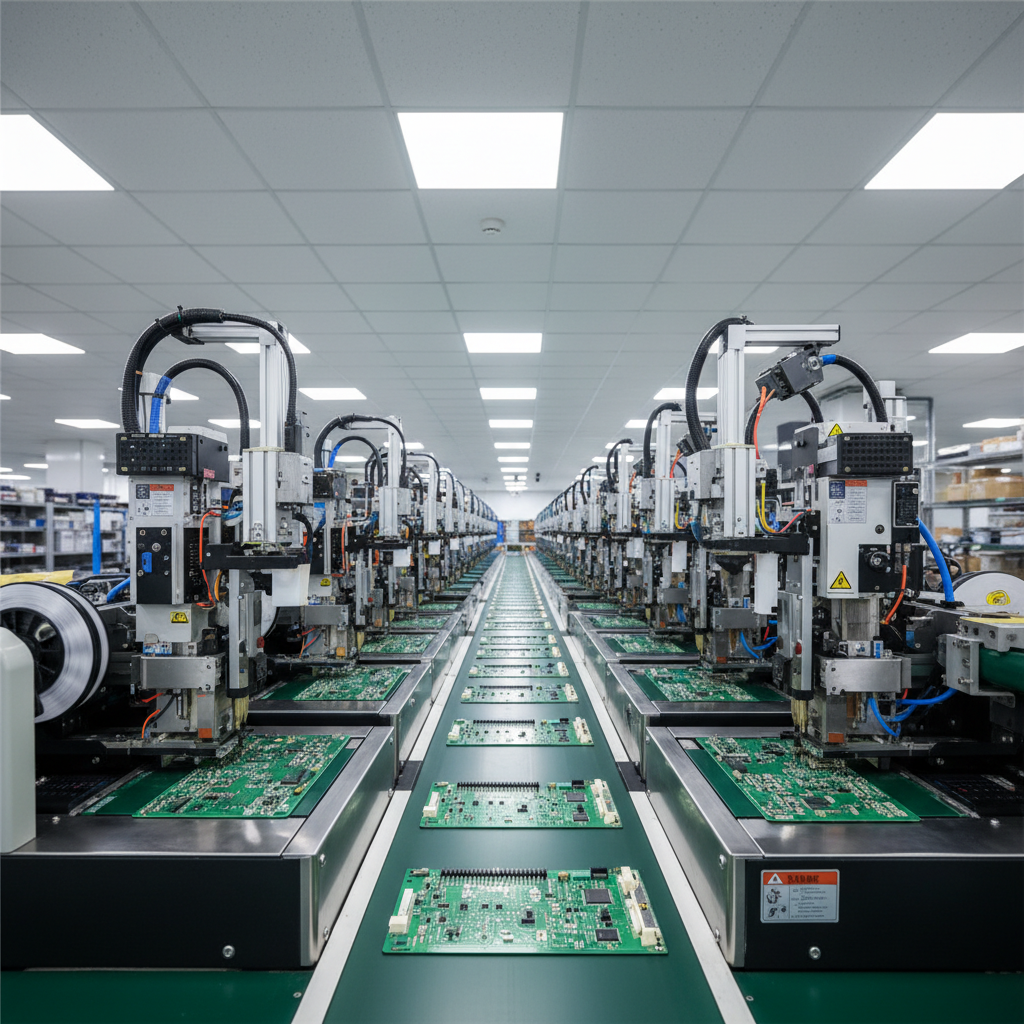 Electronics manufacturing line showing SMT placement machines in operation for prototype and production runs