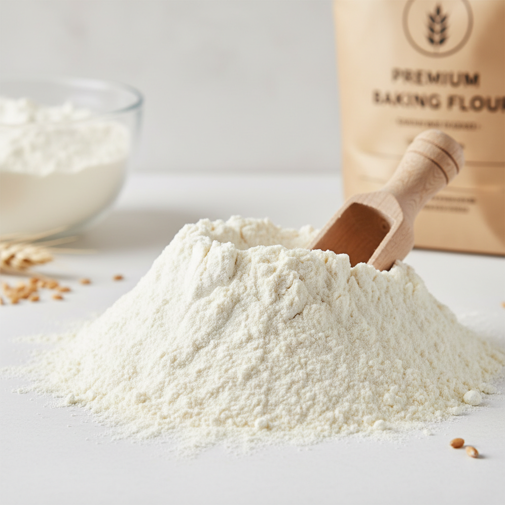 Industrial wheat flour in a plastic bag on a grey counter