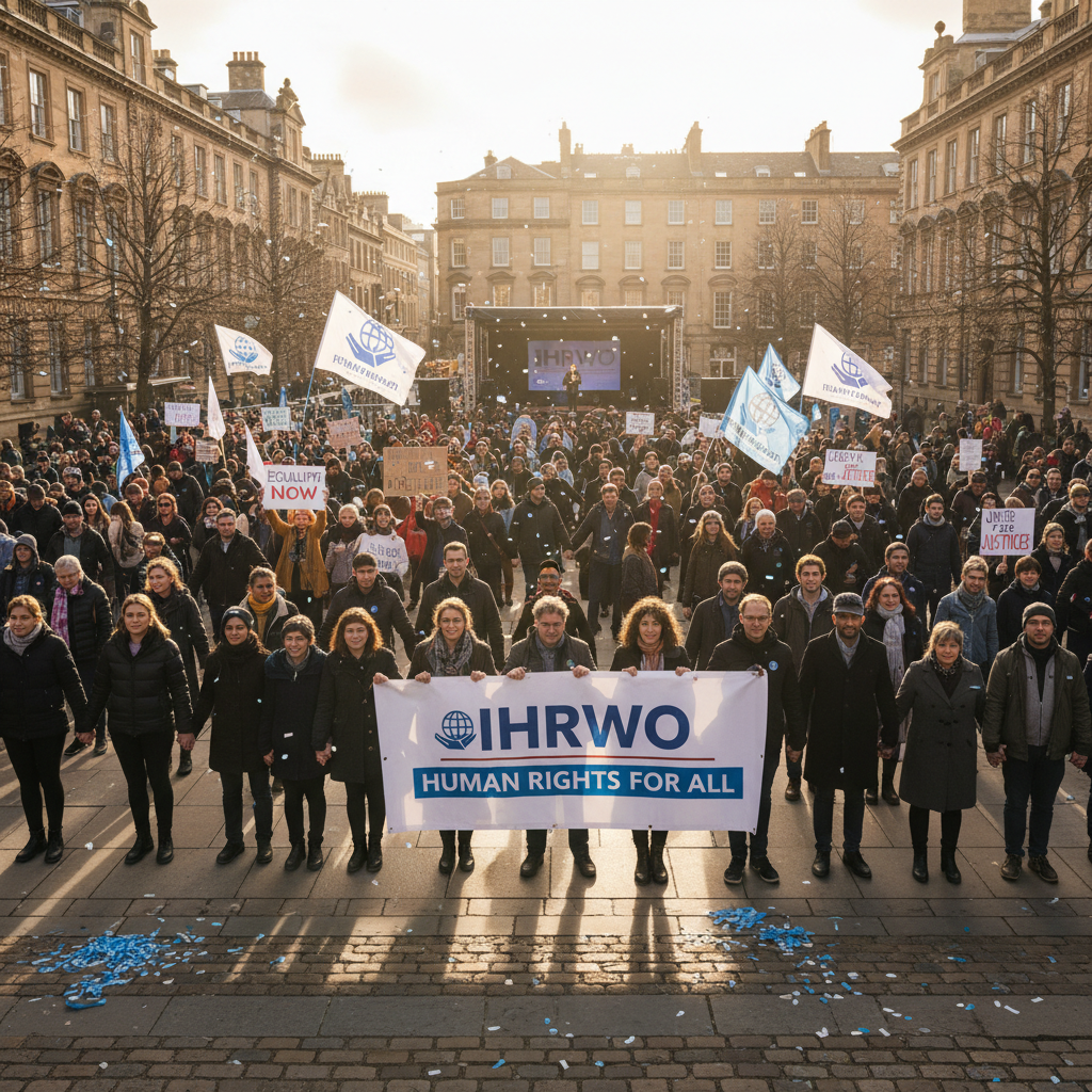 Community gathering at IHRWO human rights awareness program, large group of citizens in open ground, warm natural daylight, sense of solidarity and civic purpose