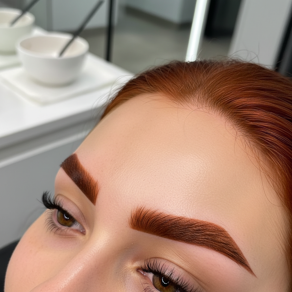 Eyebrow design and tinting result, perfectly shaped arched brows, close-up portrait