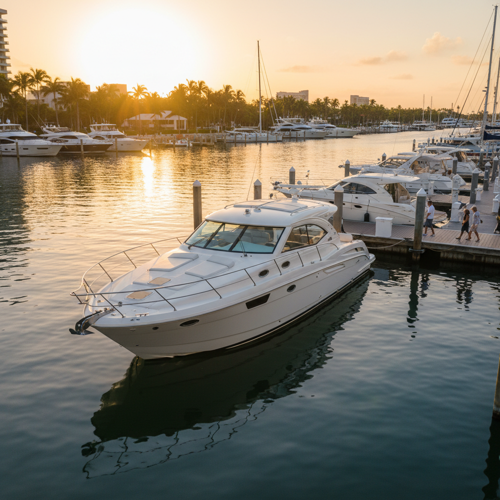 White Sea Ray 320 Sundancer cruiser docked at Miami marina at golden hour, gleaming hull