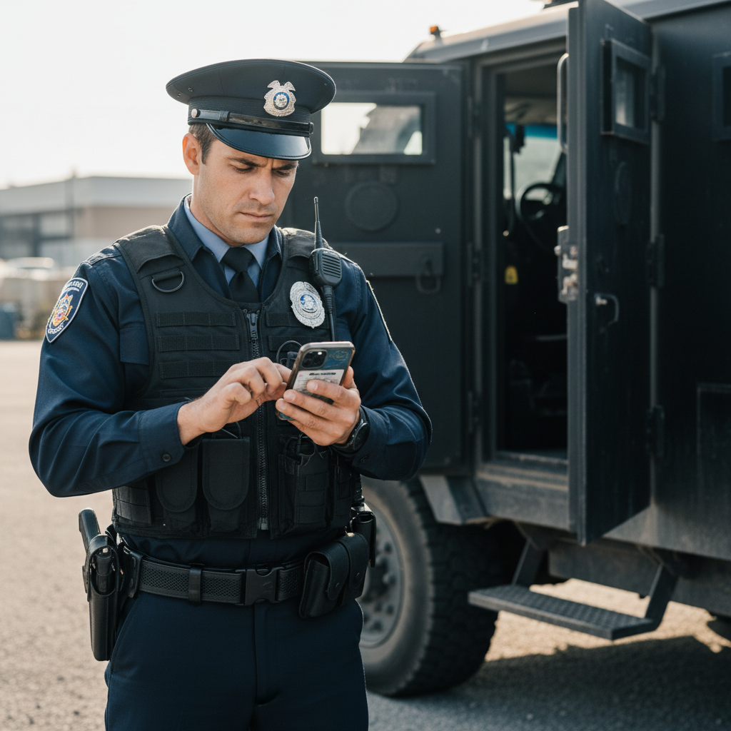 Security guard in uniform reviewing assignment details on smartphone near vehicle