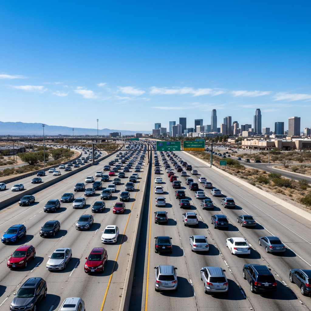 American highway with multiple lanes of traffic showing the scale of US car culture and vehicle density